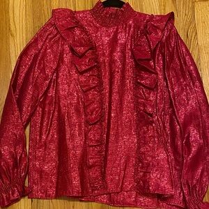 NWT Sezane Shimmering Pink Ruffle Blouse, Sz 42/14